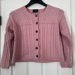 Carraig Donn Merino Wool Cardigan Pink Cable Knit Classic Ireland small